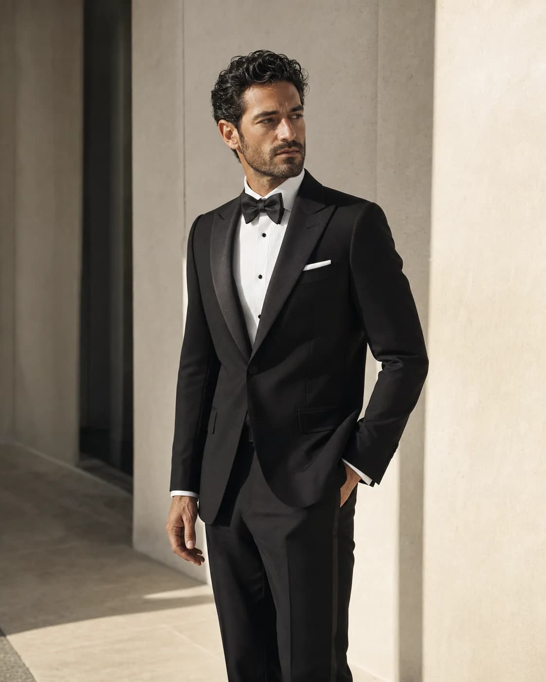 Siyah smokin içinde editoryal damat portresi